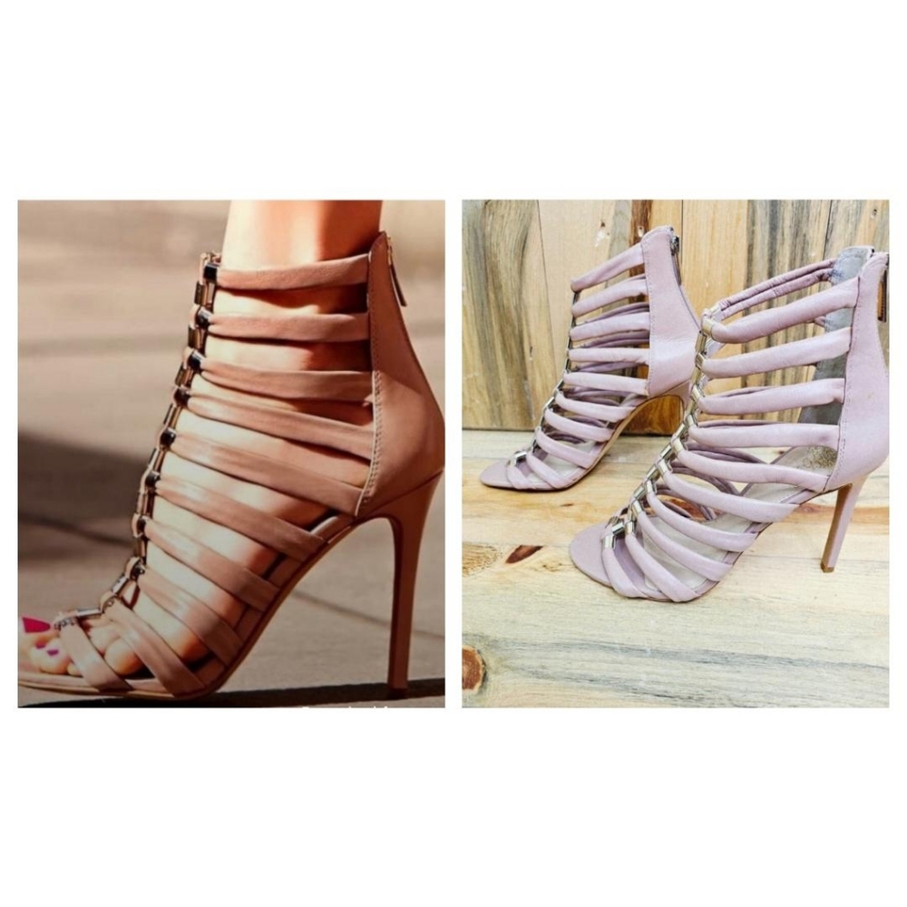 Vince Camuto Troy Gladiator Heels Cream Tan Leather Strappy Gold Accent Size 7.5